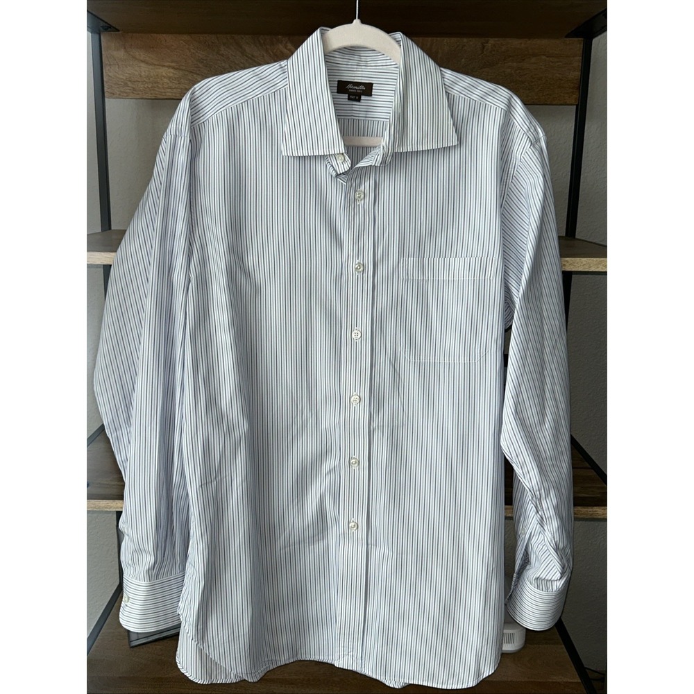 Hamilton Mens Dress Shirt 16.5/35 Blue Purple stripe MOP Buttons No Pocket